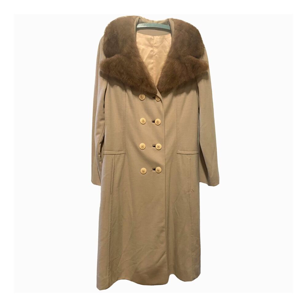 Wool Coat Medium Mary Lane Vintage 1960s Fur Collar Long Mid Century Bonded Knit
